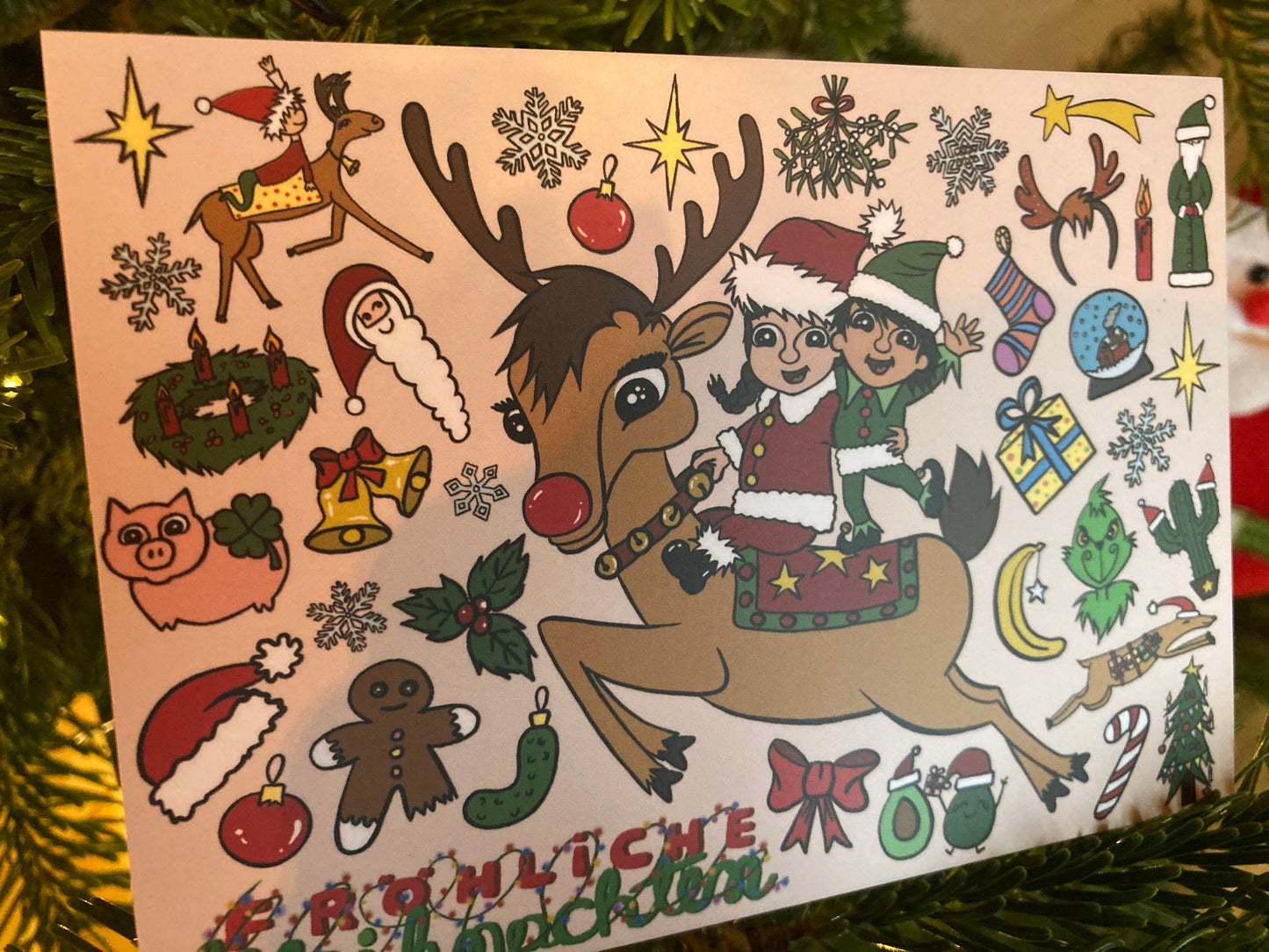 Fröhliche Weihnachten – Lustige Weihnachtskarte im Cartoon-Stil. Kostenloser Versand ab 6€