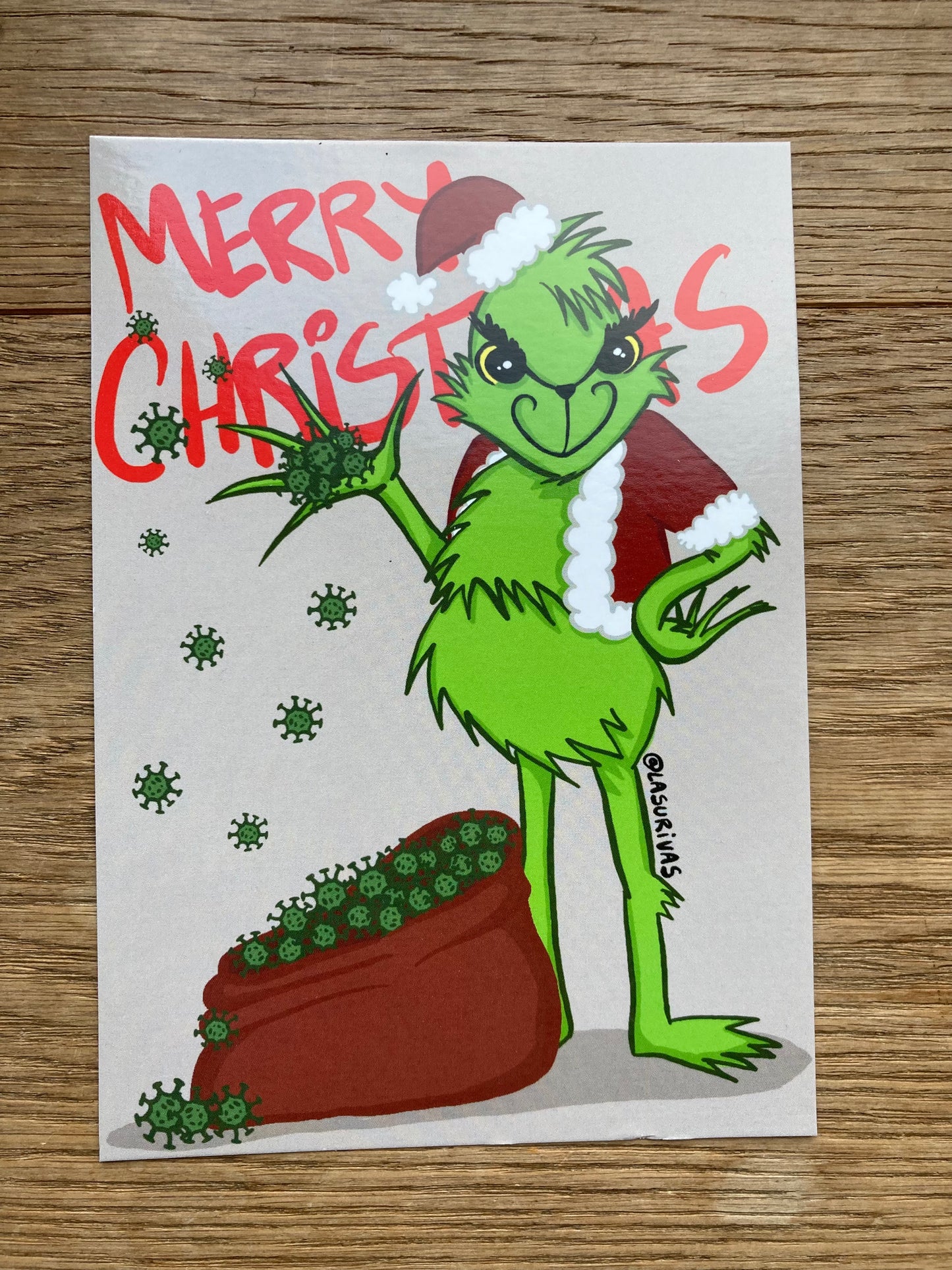 Lustige Weihnachtskarte "Grinch mit Viren-Sack" – Pandemie-Humor für die Feiertage. Kostenloser Versand ab 6€